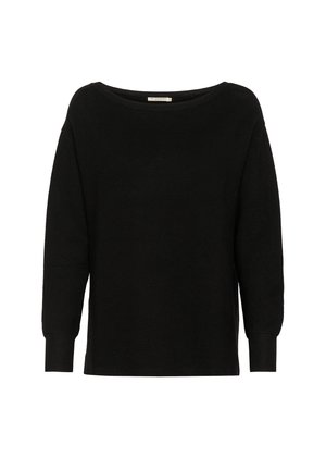 Czarny, wełniany sweter z szerokim dekoltem łódka, długimi rękawami i prążkowanymi akcentami przy mankietach i dolnym brzegu. Teksturowana tkanina, luźny krój.