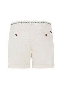 Crème-kleurige shorts met een opgerolde zoom, met twee achterzakken met bruine knopen en een gestreepte tailleband. Glad stoffen textuur.