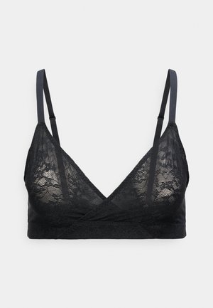 Μαύρο δαντελένιο σουτιέν bralette με ρυθμιζόμενους ιμάντες στους ώμους και ντεκολτέ σε σχήμα V, με λεπτό λουλουδάτο μοτίβο και απαλή ύφανση από δίχτυ.