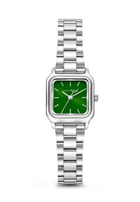 Montre carrée avec un cadran vert et des index horaires blancs ; bracelet en métal argenté avec une finition polie et un design de boîtier carré.