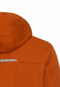 Orange jacket with a hood, featuring a textured fabric and a reflective silver accent along the shoulder seam.