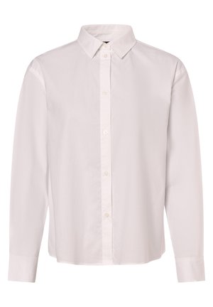 Camicia bianca a maniche lunghe con colletto button-down, realizzata in tessuto morbido, con una patta centrale con bottoni e maniche con polsini.