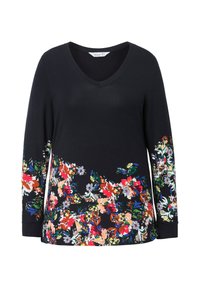 Langärmliges V-Ausschnitt-Top in navy mit floralem Druck in Rot, Pink, Gelb und Grün. Weicher Stoff mit leicht lockerer Passform und abgerundetem Saum.