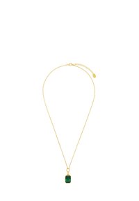 Collana d'oro con un pendente rettangolare in pietra verde, catena delicata con chiusura e prolungamento per una lunghezza regolabile.