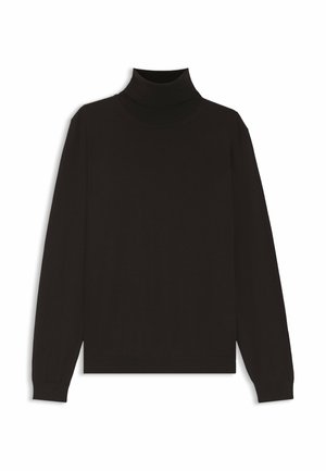 Sort rullekrave sweater lavet af et glat strikmateriale. Har lange ærmer og en tætsiddende krave. Simpelt, klassisk design uden mønstre.