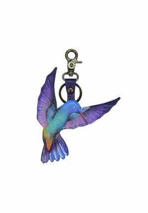 Kleurige kolibrie sleutelhanger met een paars en teal ontwerp, metalen clip en ronde ring. Gedetailleerde veren verbeteren de textuur van het uiterlijk.
