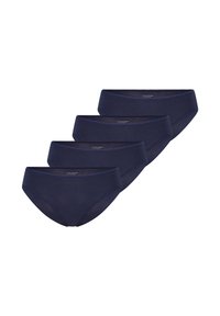 Paket mit vier navyblauen Baumwollslips, die eine glatte Textur, ein mittelhohes Design und minimale Nähte aufweisen.