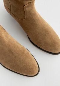 Bottes de cheville en daim brun avec un bout pointu, présentant des coutures discrètes et une semelle noire, mettant en avant une texture douce et un design élégant.