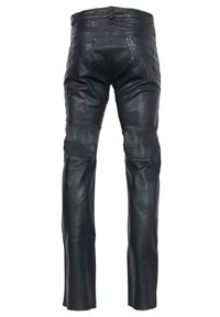 Sorte læderbukser med lige ben-design, der har to baglommer og syninger. Glat tekstur og slidstærkt materiale.