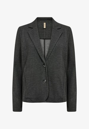 Tumeda hall blazer, mis on valmistatud tekstuuriga kangast, millel on vertikaalsed triibud. Omab sälguga krae, kahte nööpi ja avatud esiosa disaini.