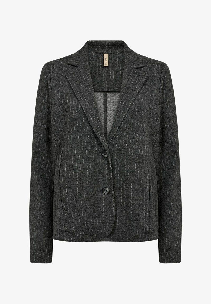 Mørkegrå blazer lavet af et tekstureret stof med lodrette stripes. Har en klapkrave, to knapper og et åbent frontdesign.