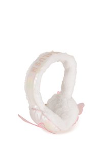 Cuffie bianche e soffici con un arco iridescente e accenti a forma di farfalla rosa sui copriorecchie.