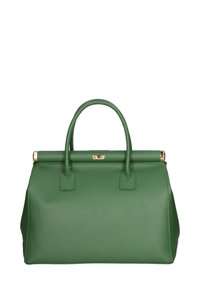 Borsa in pelle verde con una forma strutturata, due manici corti, dettagli in hardware dorato e una finitura testurizzata.