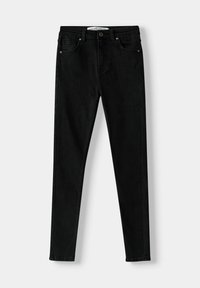 Jeans skinnies negros de denim, con un diseño clásico de cinco bolsillos, cinturas para cinturón y un cierre de cremallera con botón.