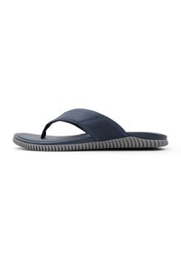 Blauer Flip-Flop mit einem strukturierten Riemen und grauer Sohle, ausgestattet mit einem dezenten Logo an der Seite und einem Zickzackmuster auf dem Riemen.