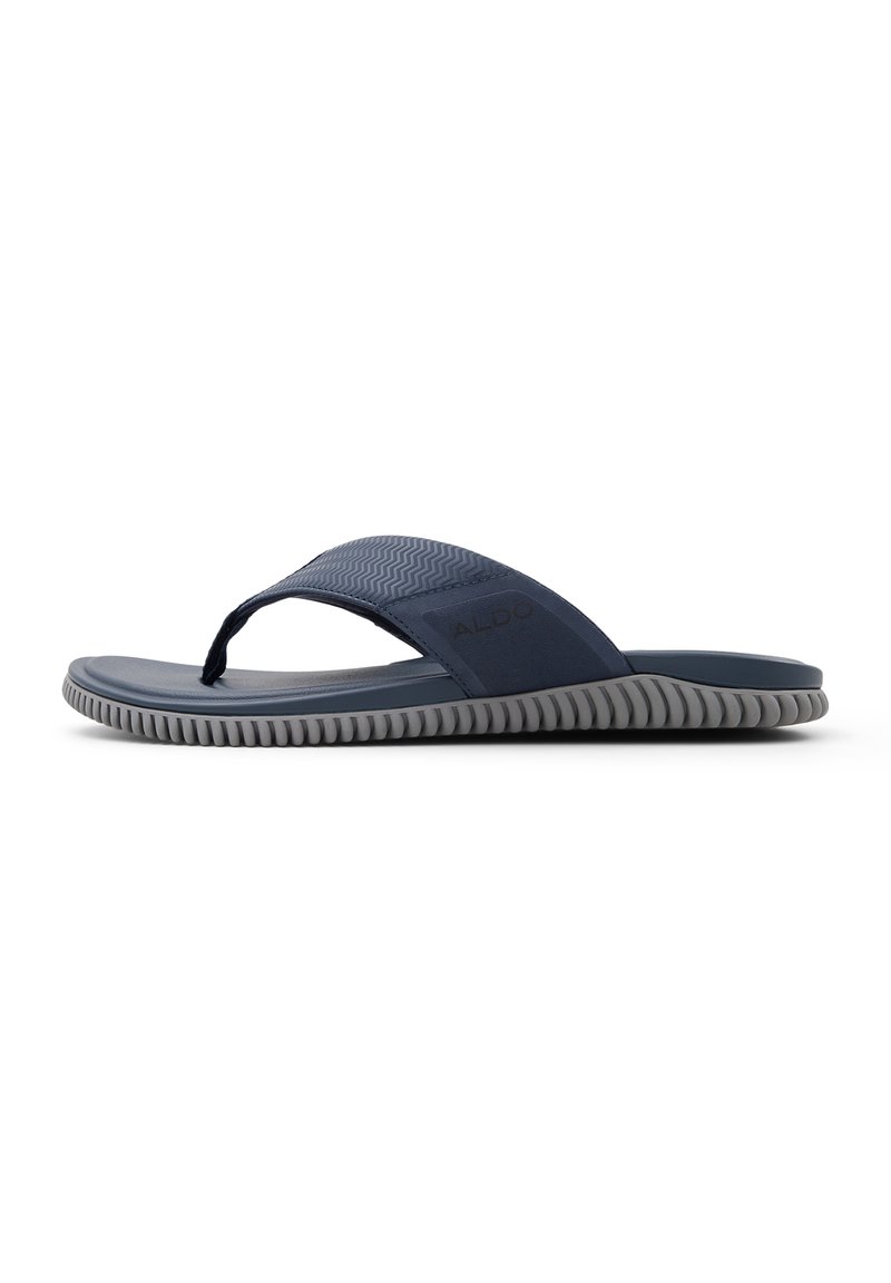 Blauer Flip-Flop mit einem strukturierten Riemen und grauer Sohle, ausgestattet mit einem dezenten Logo an der Seite und einem Zickzackmuster auf dem Riemen.