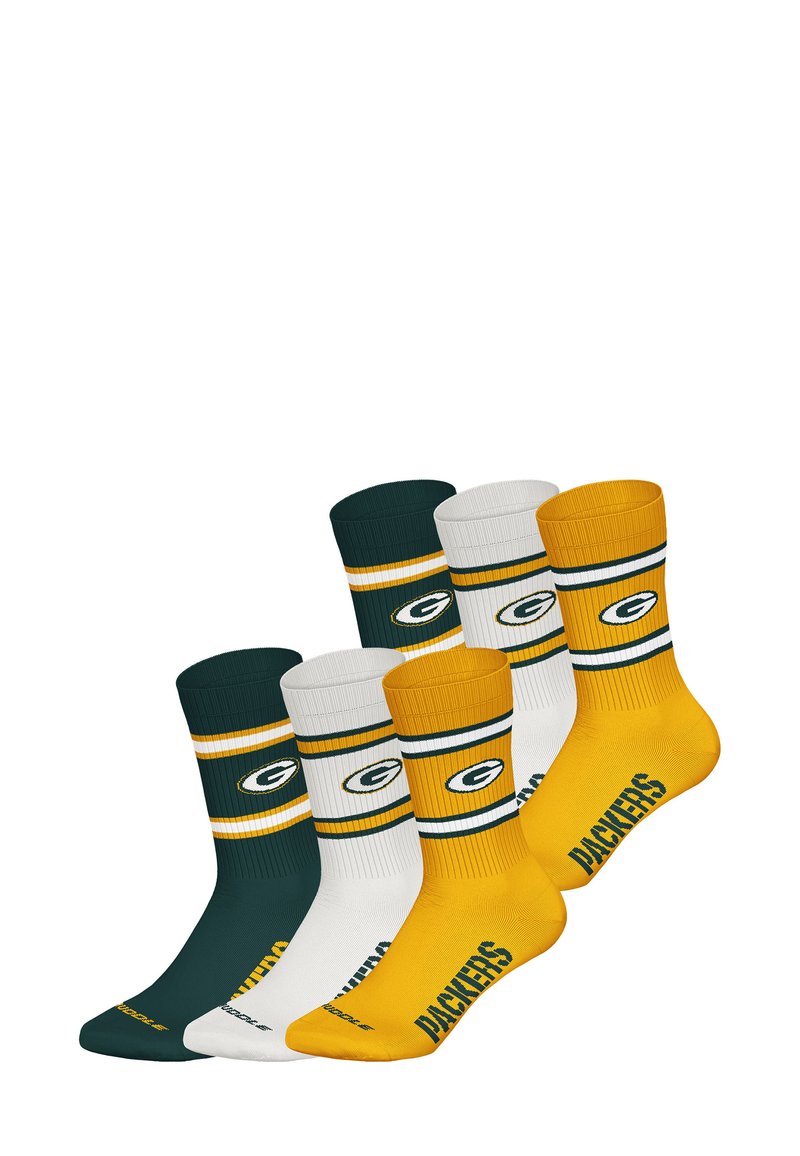 Zestaw skarpetek Packers w zielono-białych i złotych bawełnianych mieszankach, z prążkowanymi mankietami, logo drużyny oraz napisem "PACKERS" na żółtych parach.