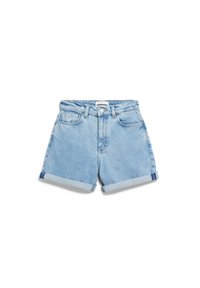 Hellblaue Denim-Shorts mit hoher Taille, umgeschlagenen Säumen und traditionellem Fünf-Taschen-Design mit Metallbeschlägen.