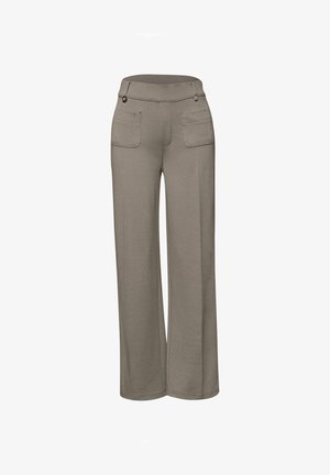Pantalon ample couleur taupe avec deux poches plaquées devant et une taille haute dotée de passants de ceinture et d'un petit anneau décoratif.