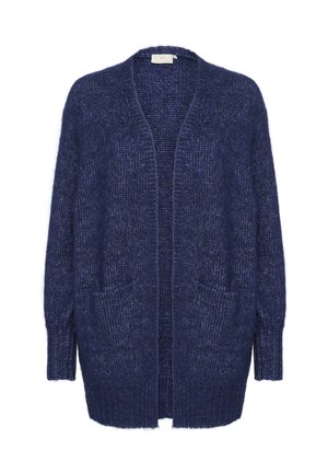Mörkblå cardigan gjord av texturerat stickat material. Öppen framsida med långa ärmar och två framfickor. Avslappnad passform och mjuk textur.