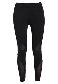 Zwarte legging met een strakke pasvorm, voorzien van doorschijnende meshpanelen in geometrische vormen, een hoge tailleband en een gladde textuur.