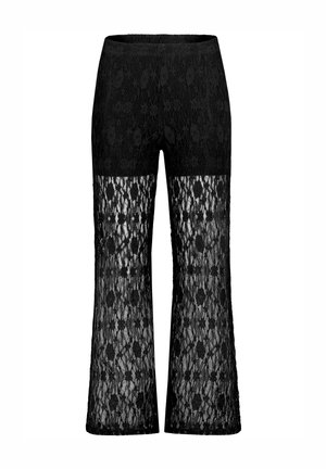 Schwarze Hose mit hoher Taille, solidem oberen Abschnitt und weitem Bein aus Spitzenstoff ab Mitte Oberschenkel mit floralen Details.
