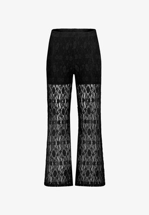 Schwarze Hose mit hoher Taille, solidem oberen Abschnitt und weitem Bein aus Spitzenstoff ab Mitte Oberschenkel mit floralen Details.