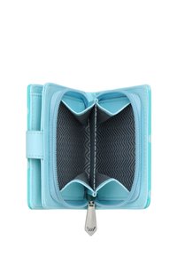 Light blue wallet open to show two main compartments with grey zigzag patterned lining and a silver zipper pull.