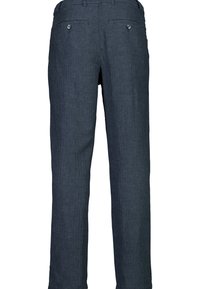 Ciemnoszare lniane spodnie o prostym kroju, z dwiema tylne kieszeniami zapinanymi na guziki oraz teksturowanym wykończeniem. Brak widocznych kieszeni z przodu.