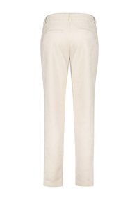 Beige trousers made of soft fabric, with a tailored fit, two back pockets, and a smooth texture. Standard waistband