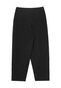 Pantaloni neri a gamba larga con una texture liscia, dotati di due pince frontali, una vita elastica e lunghezza cropped appena sopra la caviglia.