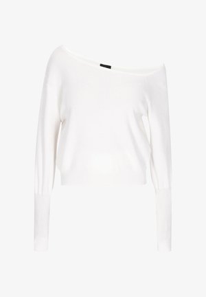 Weißer schulterfreier Sweater aus weich gestricktem Stoff. Mit langen Ärmeln und gerippten Bündchen sowie einem verkürzten Design. Glatte Textur.