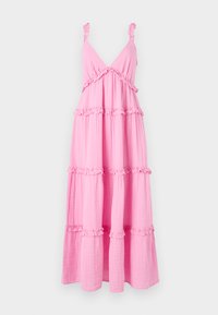Pink tiered dress made of lightweight fabric with ruffled straps and accents. Features a V-neck and flowing design with horizontal gathers.
