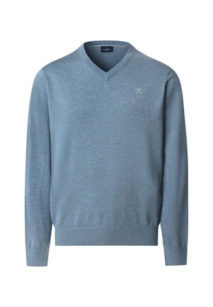 Lyseblå V-hals striktrøje med lange ærmer, ribstrikkede manchetter og kant, med en lille krydset årer-logo på venstre bryst.
