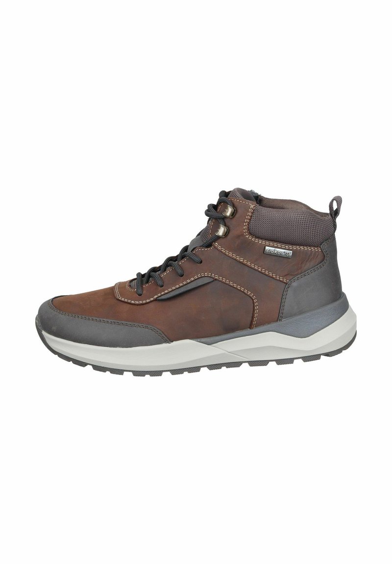 Brown and gray high-top sneaker, leather upper with textile accents, rubber sole, contrasting stitching, and metal eyelets for laces.