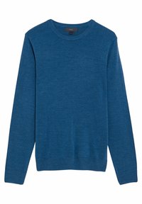 Blå crewneck-tröja gjord av mjukt stickat tyg. Har långa ärmar samt ribbade avslut på ärmar och nederkant. Inga mönster eller ytterligare detaljer.