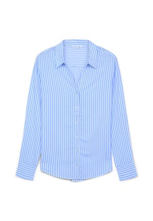 Camicia a maniche lunghe a righe azzurre e bianche con colletto, chiusura frontale con bottoni e orlo curvo. Realizzata in un materiale liscio.