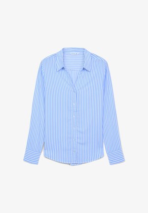 Camicia a maniche lunghe a righe azzurre e bianche con colletto, chiusura frontale con bottoni e orlo curvo. Realizzata in un materiale liscio.