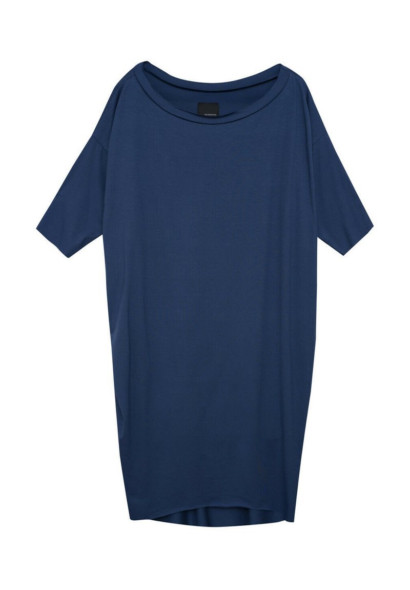 Granatowa, oversize'owa koszulka, krótki rękaw, okrągły dekolt, miękki materiał, minimalistyczny design, luźny krój, z lekko zaokrąglonym dołem.