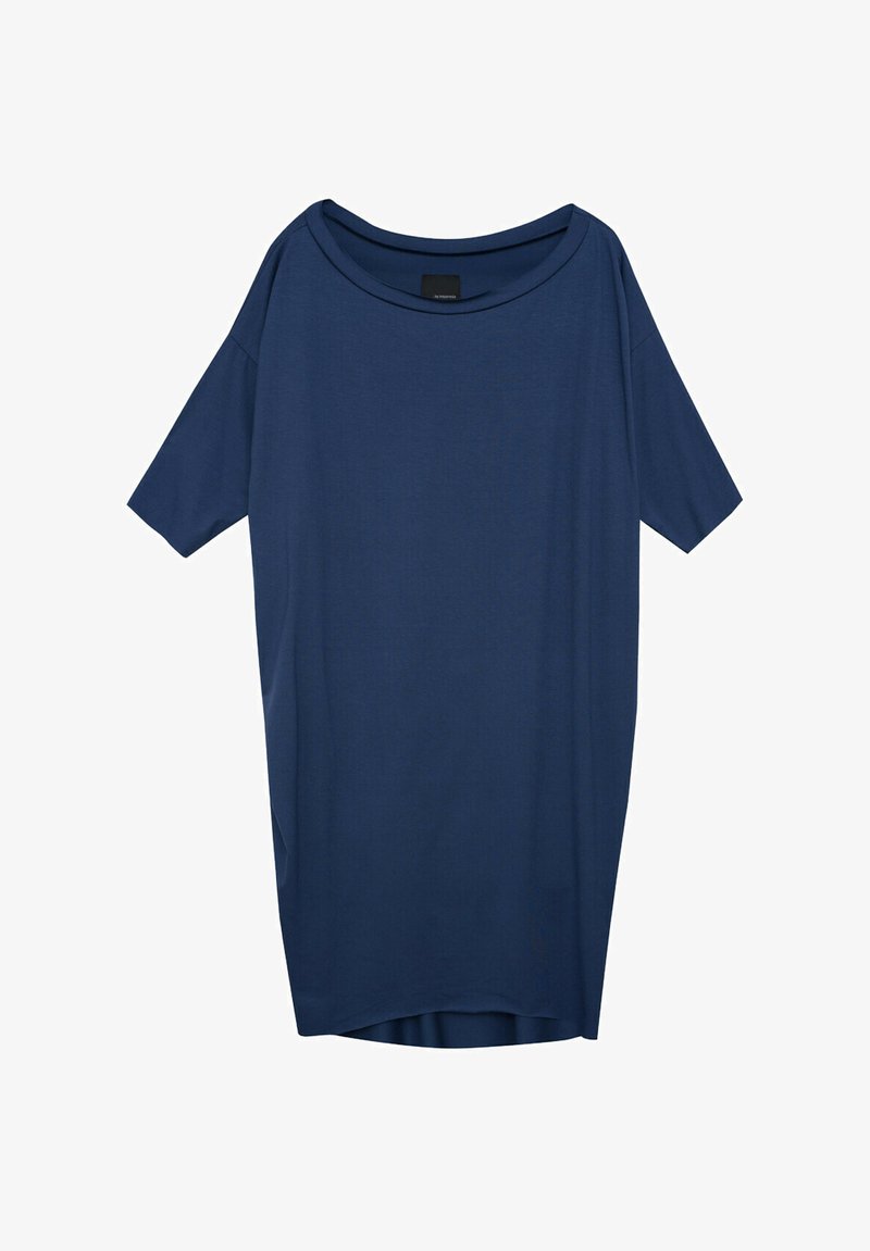 Granatowa, oversize'owa koszulka, krótki rękaw, okrągły dekolt, miękki materiał, minimalistyczny design, luźny krój, z lekko zaokrąglonym dołem.