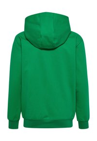 Grøn sweatshirt med snoretræk i hætten, ribbede manchetter og kant samt et glat, tekstureret stof. Bagperspektiv uden synlige logoer eller dekorationer.