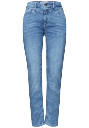 Lyseblå denimjeans med knap- og lynlåslukning foran, bæltestropper og let falmet detalje på lår og knæ.