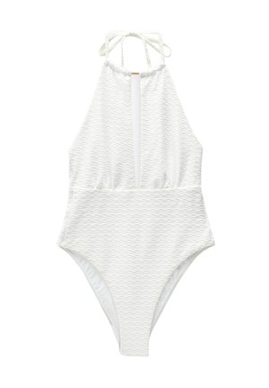 White one-piece swimsuit featuring a textured diamond pattern, high neckline, cutout front, and adjustable tie straps at the back.