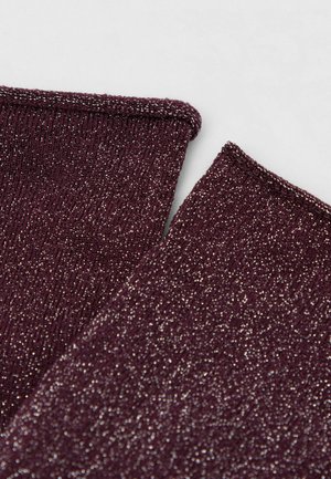 Burgundy fabric with a shimmering texture, featuring metallic threads woven throughout, showing two folded edges with a smooth finish.
