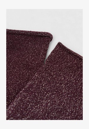 Burgundy fabric with a shimmering texture, featuring metallic threads woven throughout, showing two folded edges with a smooth finish.
