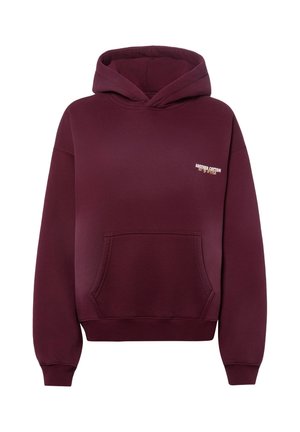 Maroon hooded sweatshirt with front pocket and small white text on left chest reading "Another Cotton Out of Office."