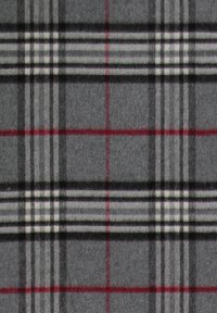Hallide hallide kangas, millel on mustad, valged ja punased triibud. Tekstuur on pehme, kudumismuster loob klassikalise tartan-disaini.