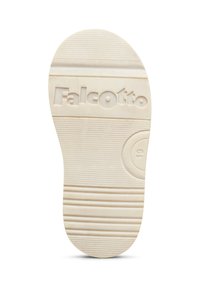 Suola di una scarpa per bambini beige che presenta il marchio impresso "Falcotto" e la taglia "19" con linee di presa testurizzate orizzontali.