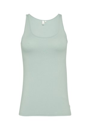 Top in tessuto liscio ed elasticizzato di colore verde chiaro. Presenta spalline larghe e scollatura arrotondata. Nessun motivo o accentuazione visibile.