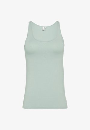 Top in tessuto liscio ed elasticizzato di colore verde chiaro. Presenta spalline larghe e scollatura arrotondata. Nessun motivo o accentuazione visibile.